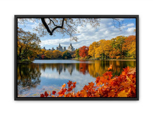 Central Park autumn photography canvas art with lake and skyline for modern wall decor.
