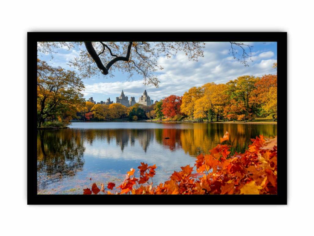 Central Park autumn photography canvas art with lake and skyline for modern wall decor.