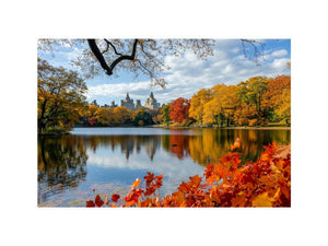 Central Park autumn photography canvas art with lake and skyline for modern wall decor.