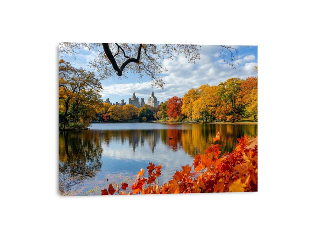 Central Park autumn photography canvas art with lake and skyline for modern wall decor.