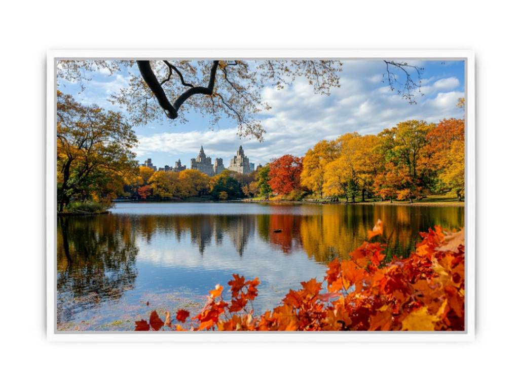 Central Park autumn photography canvas art with lake and skyline for modern wall decor.