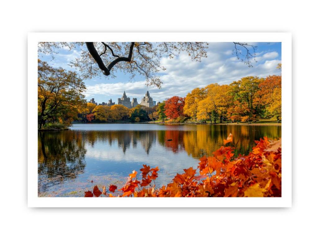Central Park autumn photography canvas art with lake and skyline for modern wall decor.