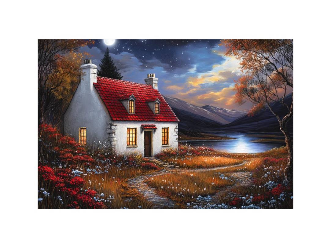 Moonlit cottage canvas art with red roof and mountains for cozy bedroom wall decor.
