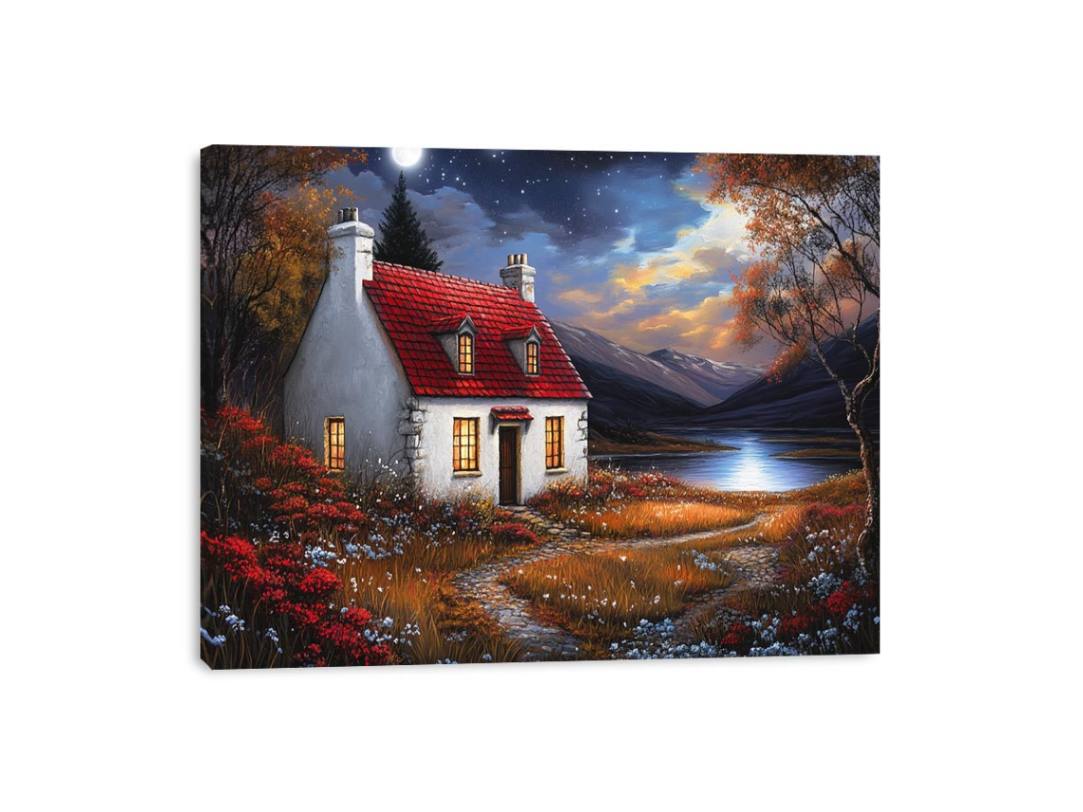 Moonlit cottage canvas art with red roof and mountains for cozy bedroom wall decor.