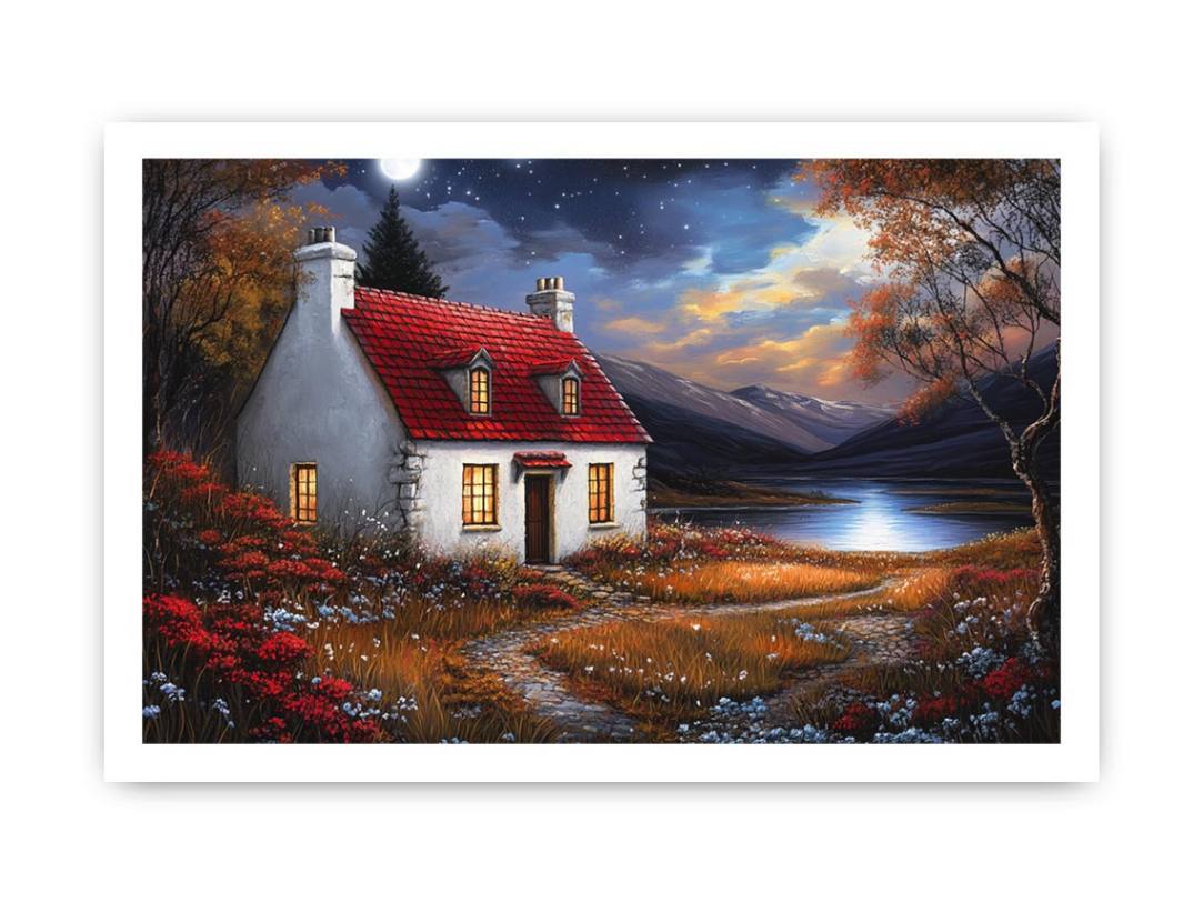 Moonlit cottage canvas art with red roof and mountains for cozy bedroom wall decor.