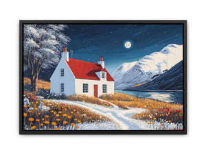 Winter cottage canvas art with snowy mountains and moonlight for cozy bedroom decor.