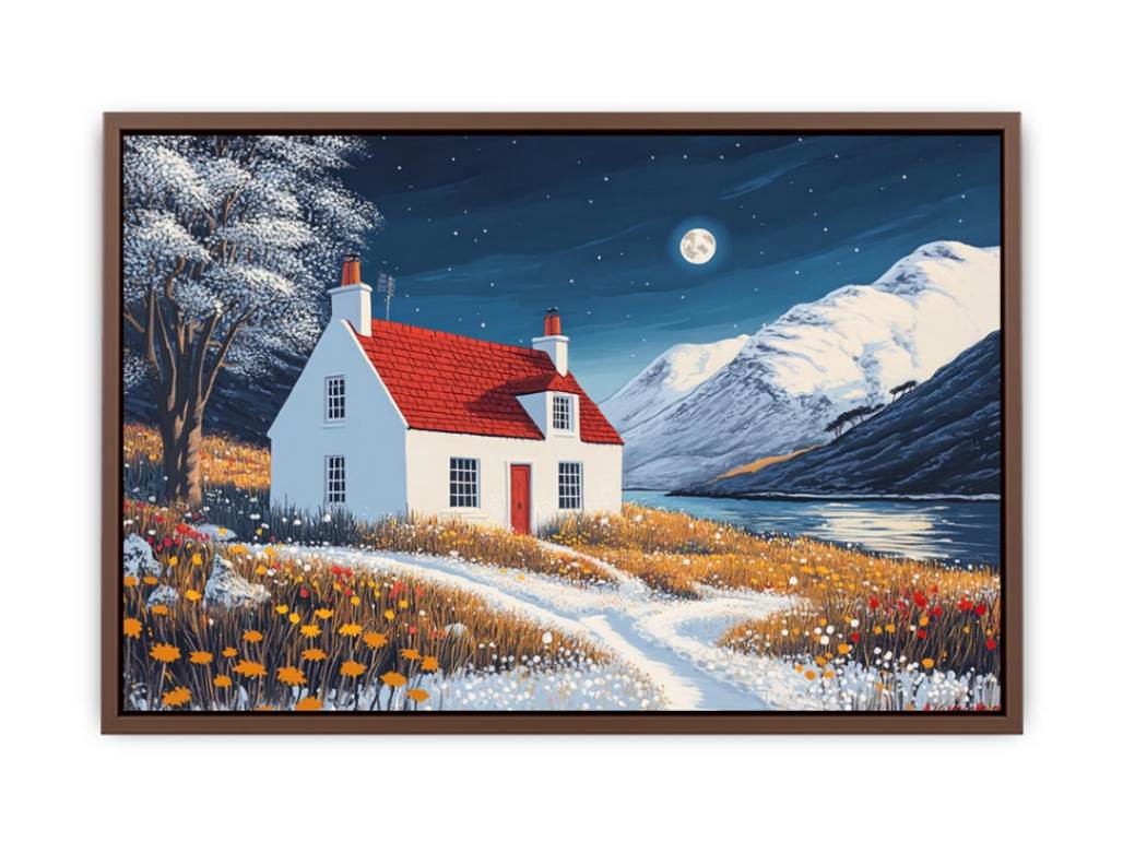 Winter cottage canvas art with snowy mountains and moonlight for cozy bedroom decor.