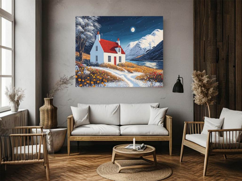 Winter cottage canvas art with snowy mountains and moonlight for cozy bedroom decor.
