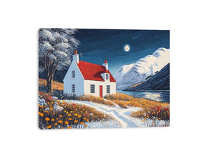 Winter cottage canvas art with snowy mountains and moonlight for cozy bedroom decor.
