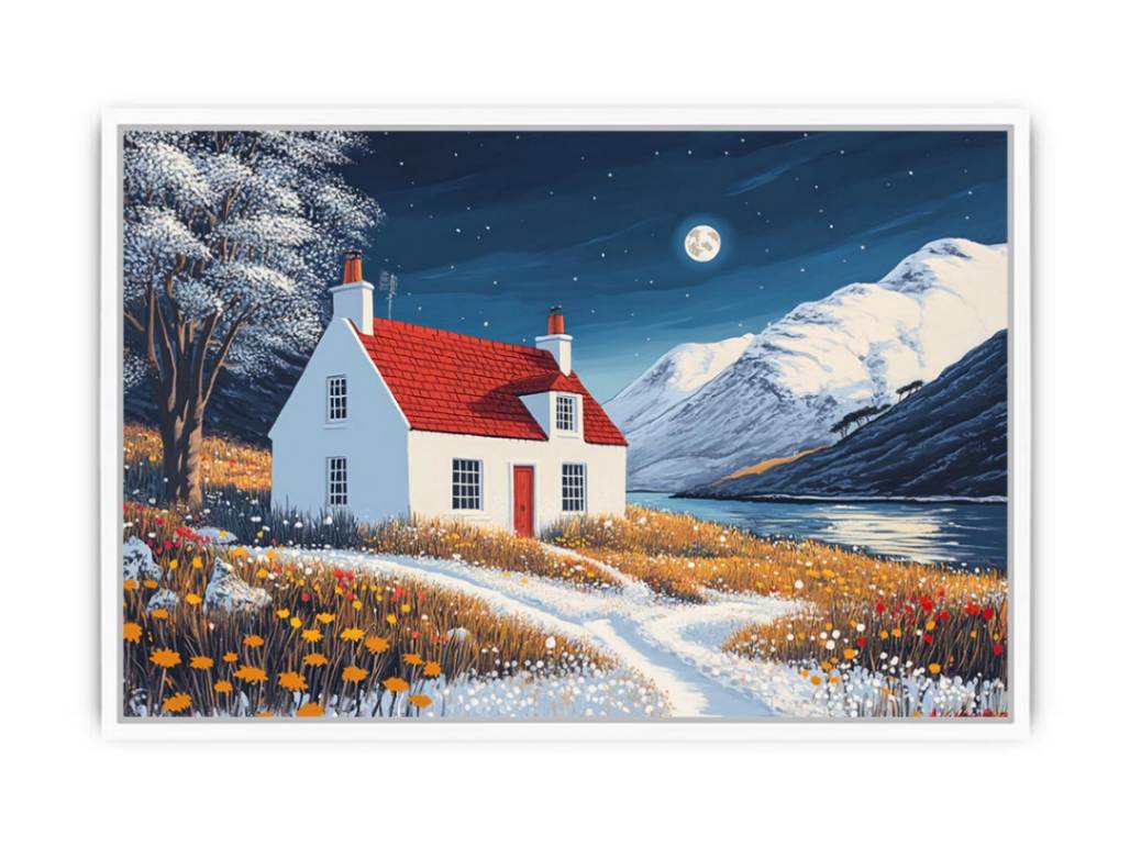 Winter cottage canvas art with snowy mountains and moonlight for cozy bedroom decor.