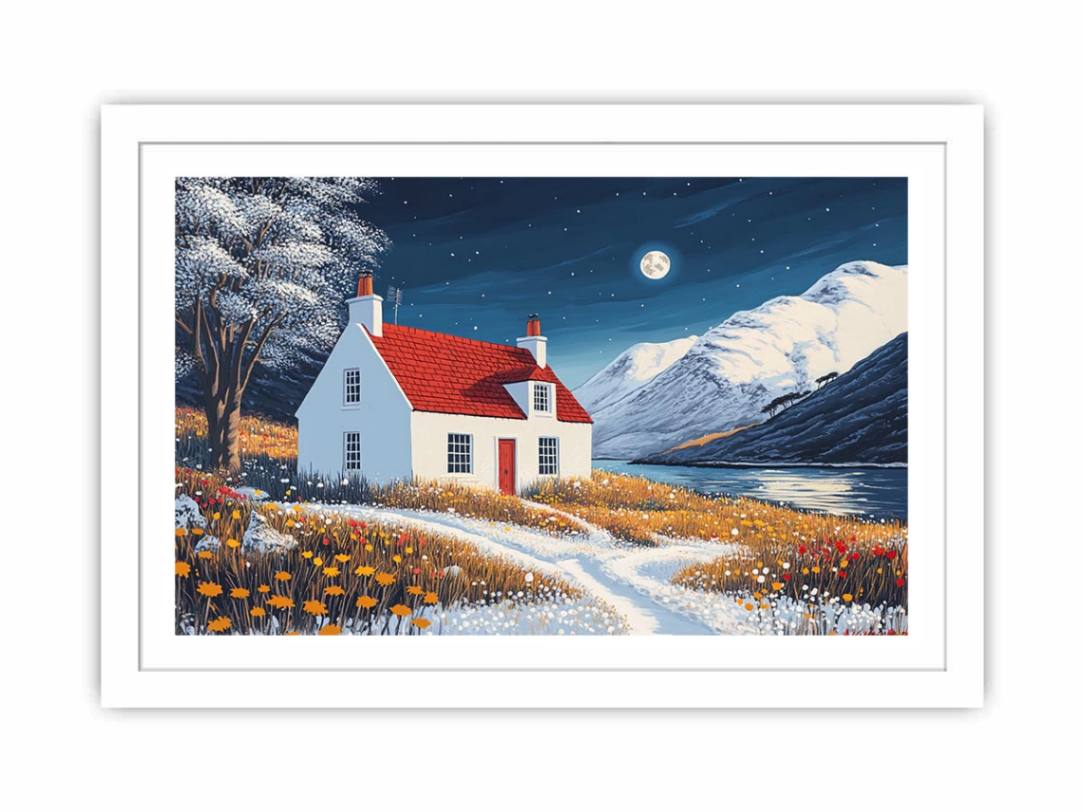 Winter cottage canvas art with snowy mountains and moonlight for cozy bedroom decor.