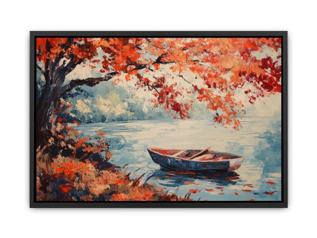 Autumn rowboat lake canvas art with orange leaves for peaceful living room decor.