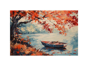 Autumn rowboat lake canvas art with orange leaves for peaceful living room decor.