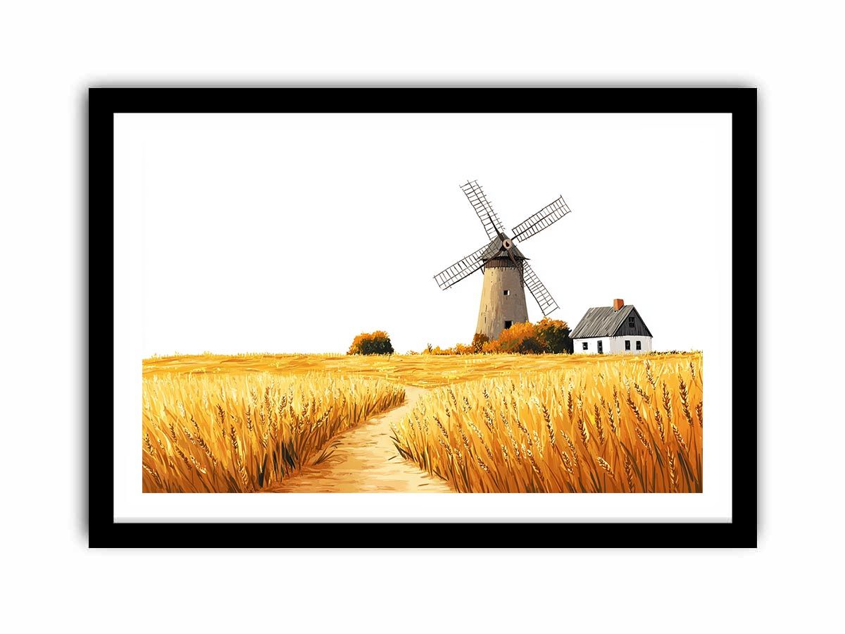 Farmhouse windmill canvas art with golden wheat field for rustic kitchen or dining decor.