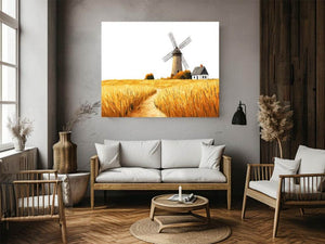 Farmhouse windmill canvas art with golden wheat field for rustic kitchen or dining decor.