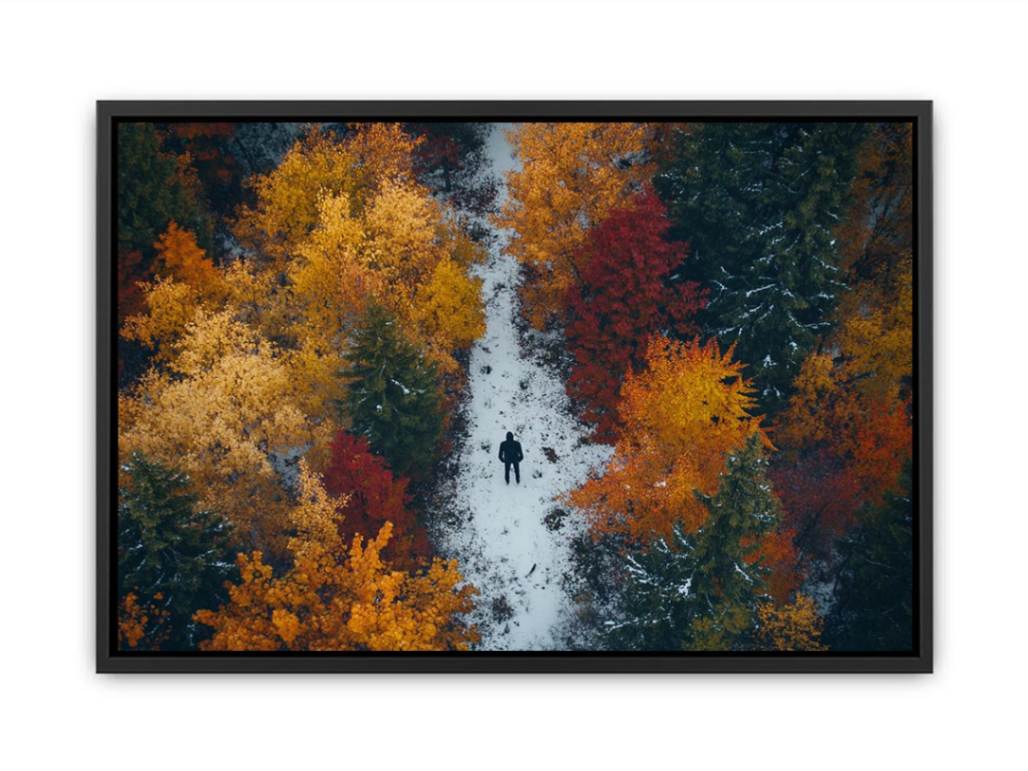 Aerial autumn forest canvas art with lone figure on path for modern living room decor.