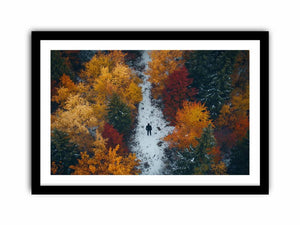 Aerial autumn forest canvas art with lone figure on path for modern living room decor.