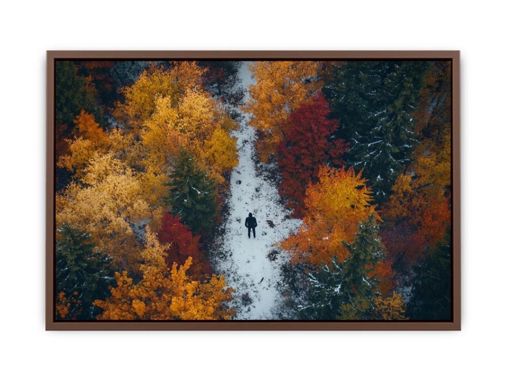 Aerial autumn forest canvas art with lone figure on path for modern living room decor.