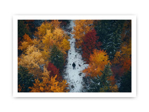 Aerial autumn forest canvas art with lone figure on path for modern living room decor.