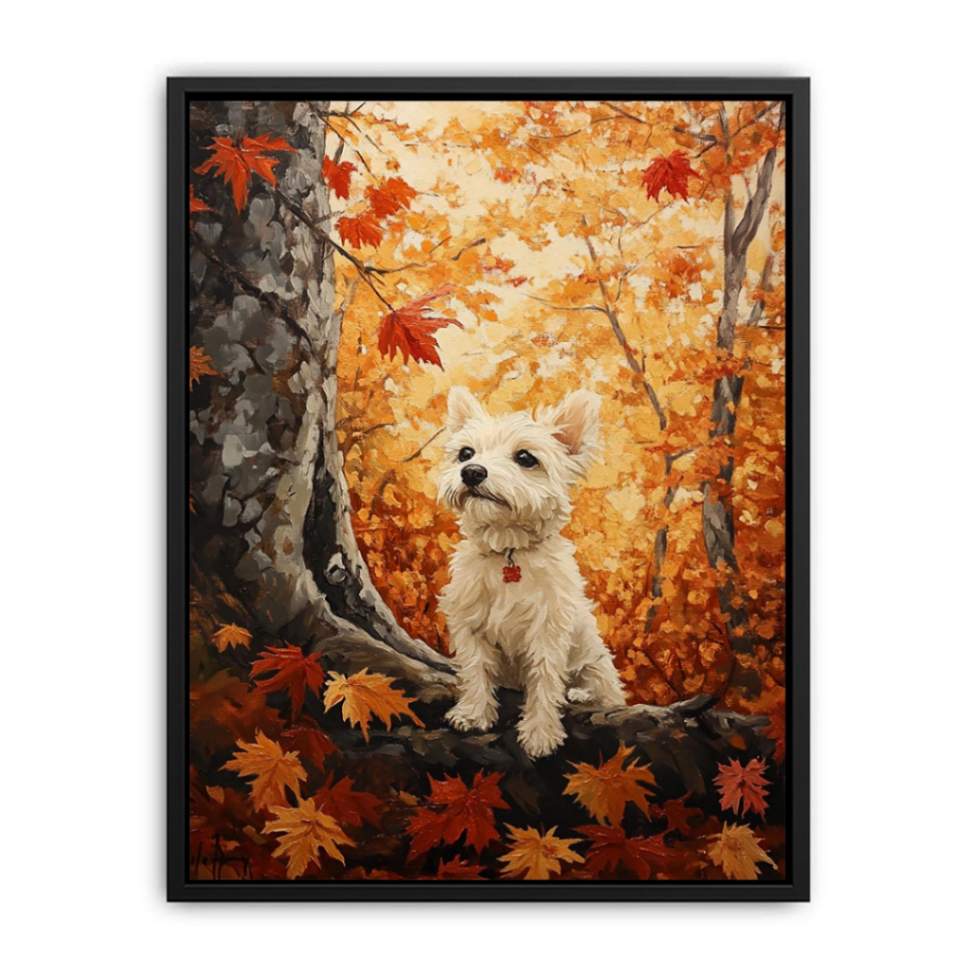 Cute white Westie dog canvas art in autumn forest for cozy home decor.