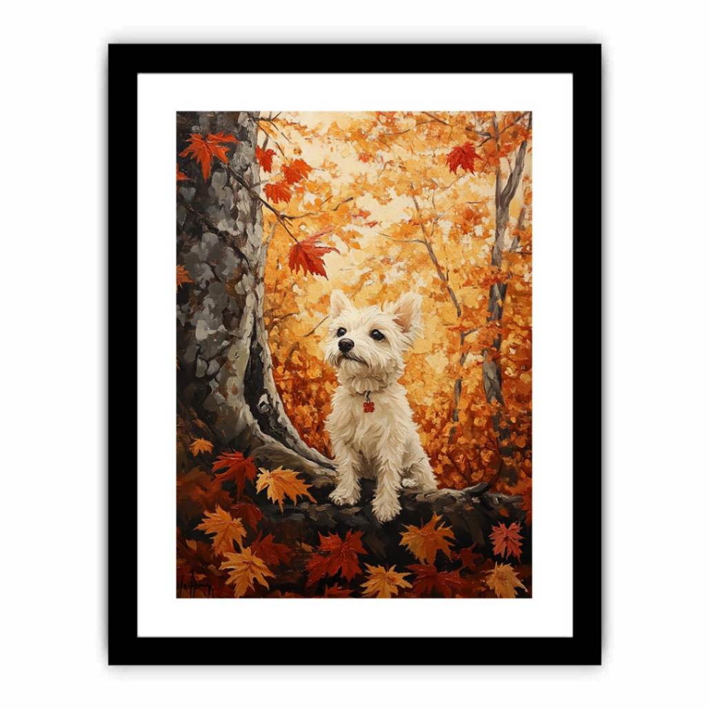 Cute white Westie dog canvas art in autumn forest for cozy home decor.