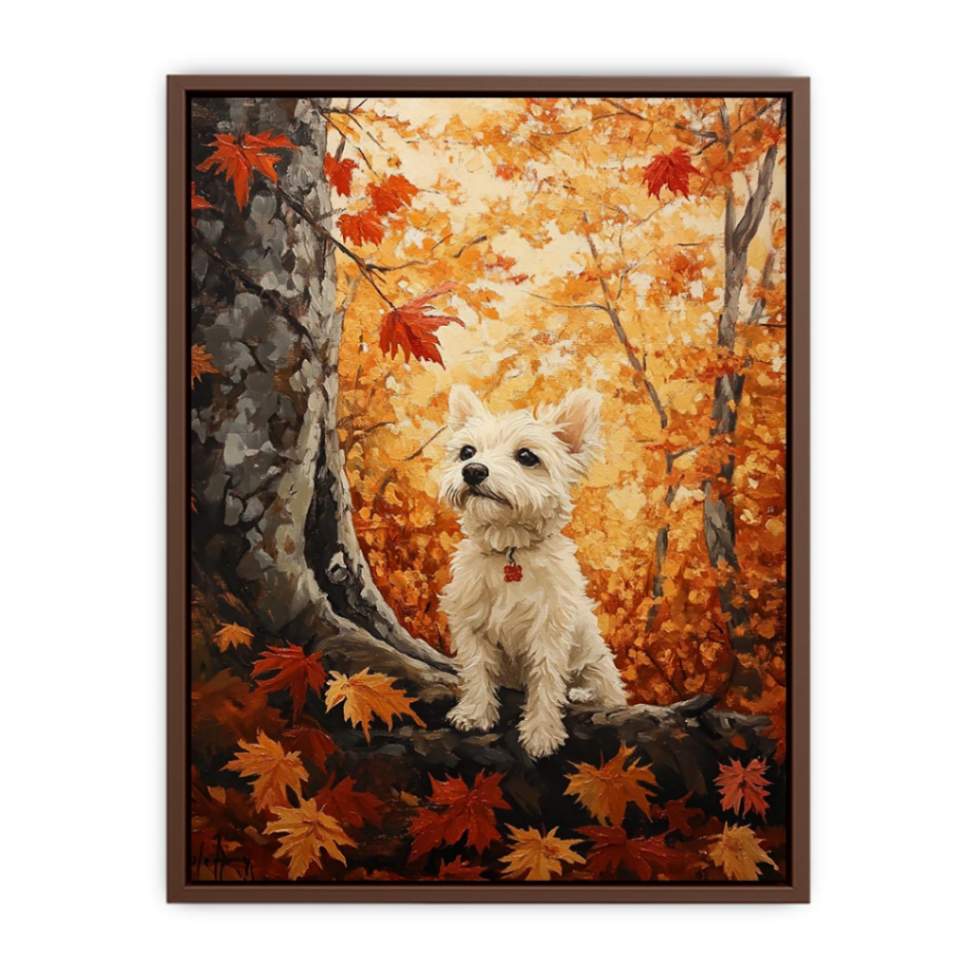 Cute white Westie dog canvas art in autumn forest for cozy home decor.