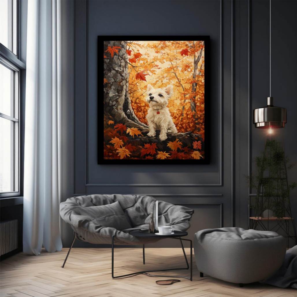 Cute white Westie dog canvas art in autumn forest for cozy home decor.