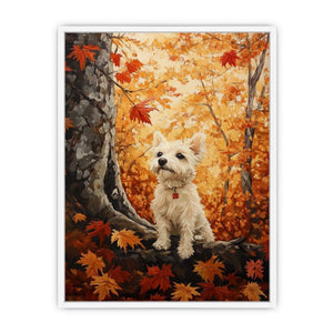 Cute white Westie dog canvas art in autumn forest for cozy home decor.