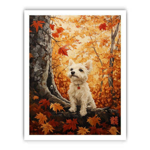 Cute white Westie dog canvas art in autumn forest for cozy home decor.