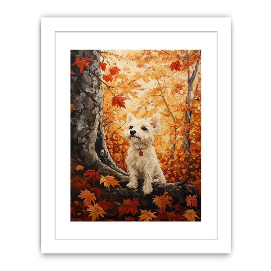 Cute white Westie dog canvas art in autumn forest for cozy home decor.