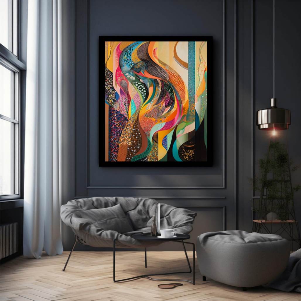 Bold colorful abstract canvas art with flowing patterns for eclectic living room decor.