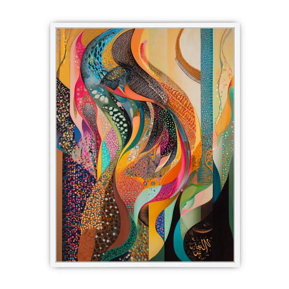 Bold colorful abstract canvas art with flowing patterns for eclectic living room decor.