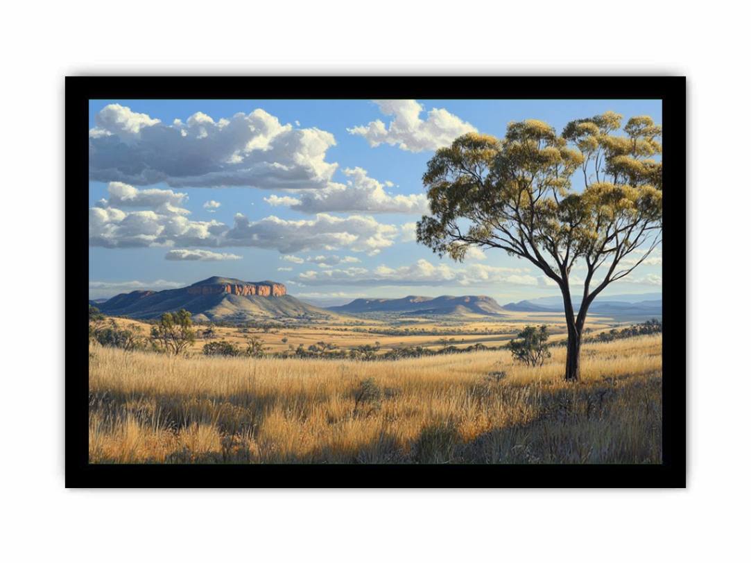 Wide golden outback landscape canvas art with gum tree for living room decor.