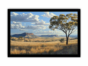 Wide golden outback landscape canvas art with gum tree for living room decor.