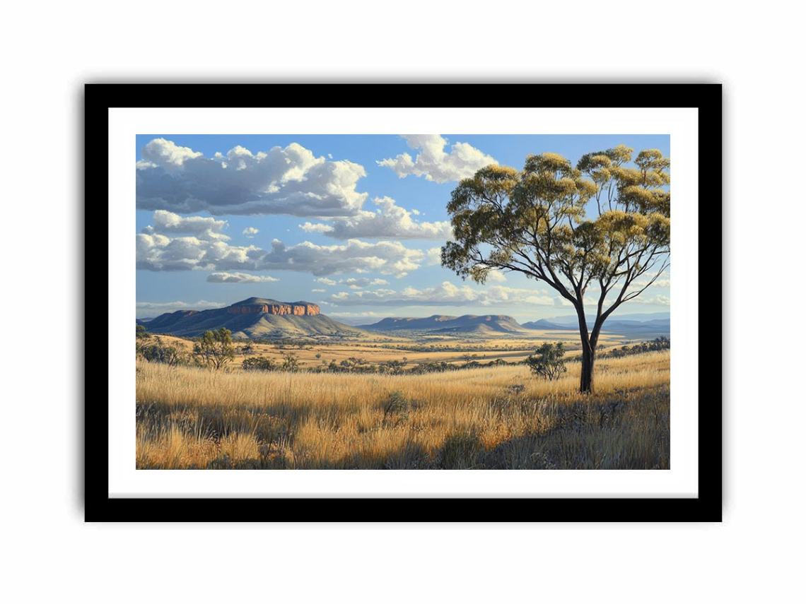 Wide golden outback landscape canvas art with gum tree for living room decor.