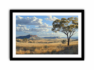 Wide golden outback landscape canvas art with gum tree for living room decor.