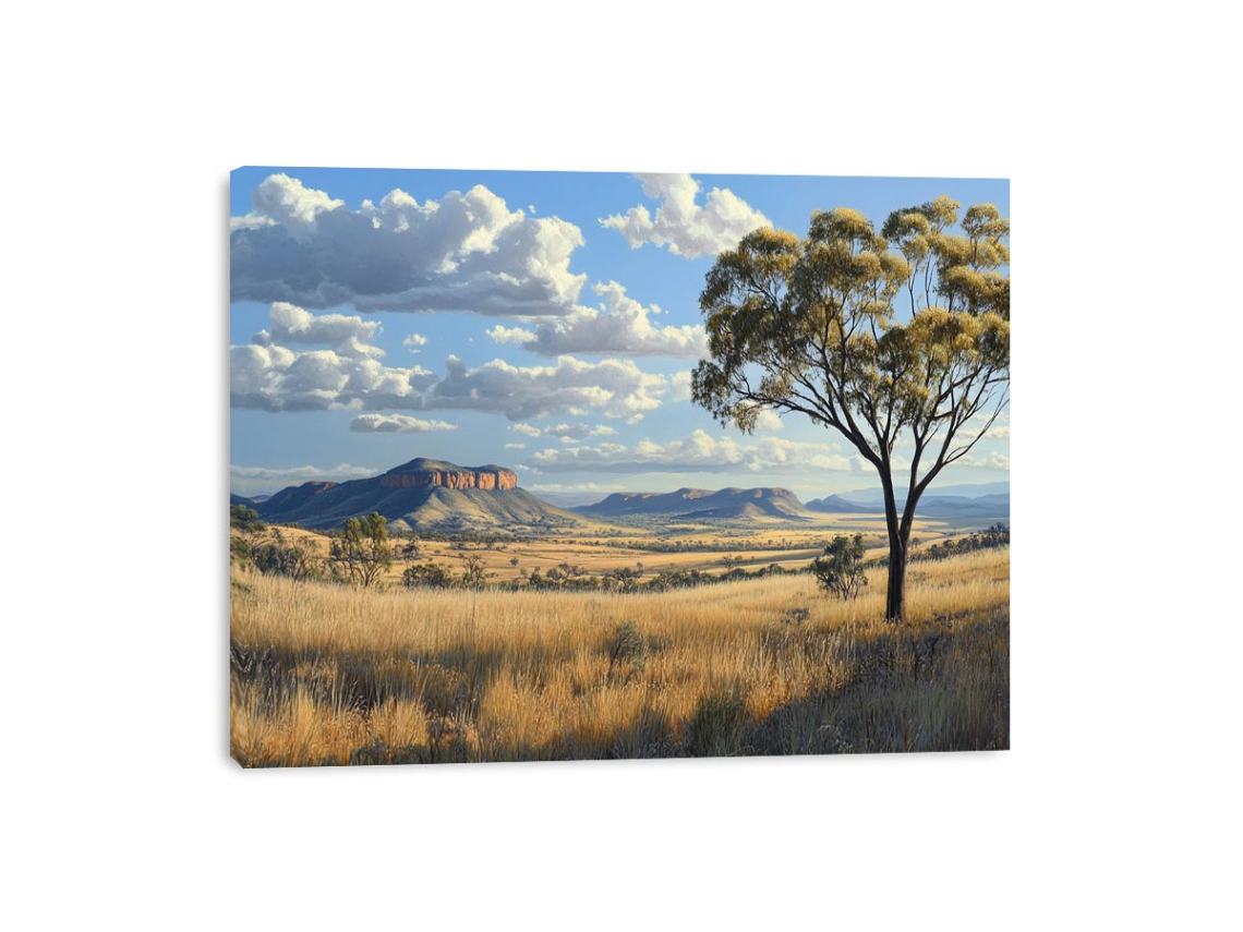 Wide golden outback landscape canvas art with gum tree for living room decor.