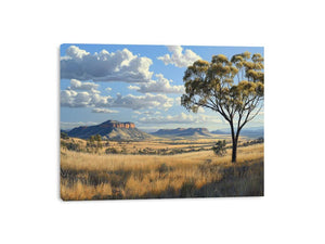 Wide golden outback landscape canvas art with gum tree for living room decor.