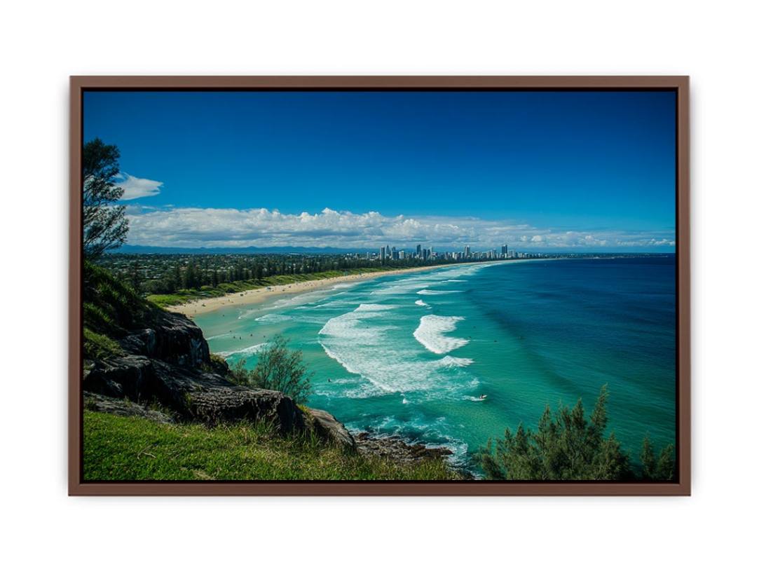 Turquoise coastal beach photography canvas art with skyline for modern living room decor.