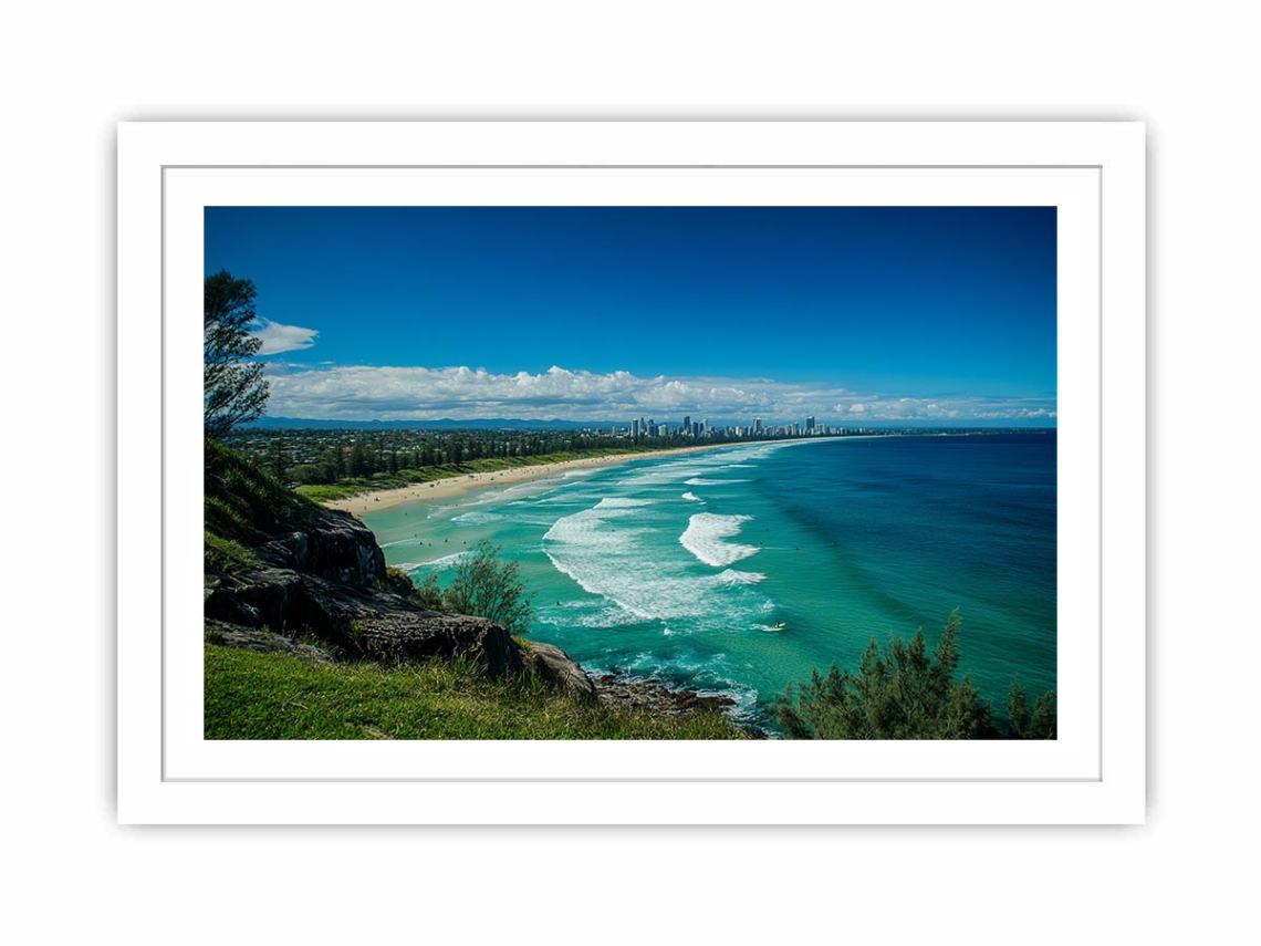 Turquoise coastal beach photography canvas art with skyline for modern living room decor.