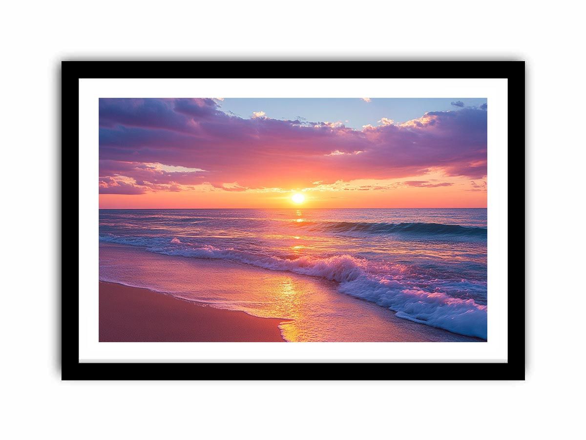 Peaceful ocean sunset canvas art with pink sky and waves for bedroom decor.