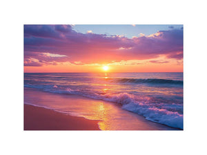 Peaceful ocean sunset canvas art with pink sky and waves for bedroom decor.