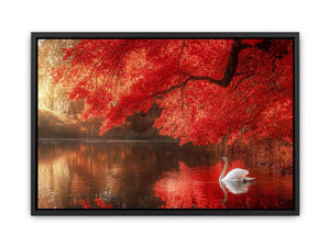 Elegant white swan canvas art on red autumn lake for luxury living room decor.
