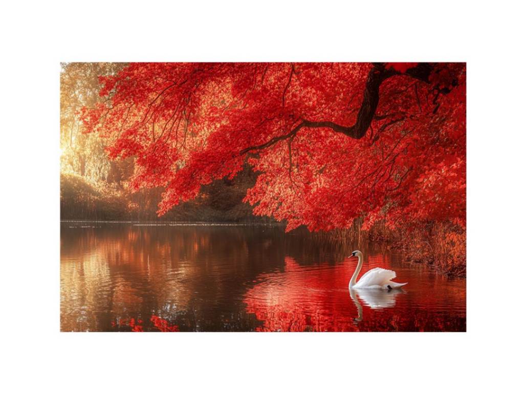 Elegant white swan canvas art on red autumn lake for luxury living room decor.