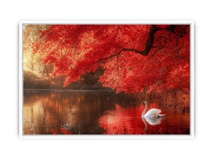 Elegant white swan canvas art on red autumn lake for luxury living room decor.