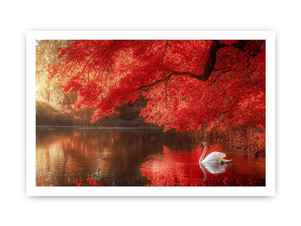 Elegant white swan canvas art on red autumn lake for luxury living room decor.