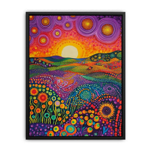 Colorful folk landscape canvas art with sun and flowers for cheerful home decor.