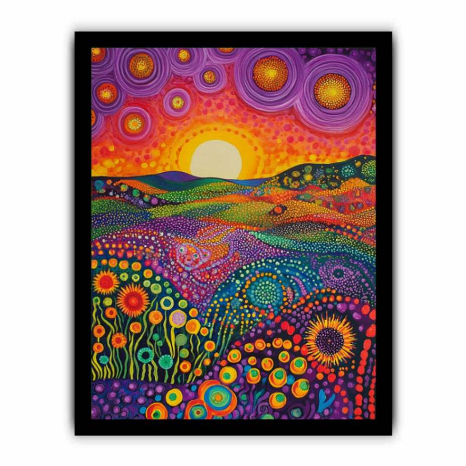 Colorful folk landscape canvas art with sun and flowers for cheerful home decor.