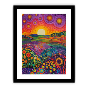 Colorful folk landscape canvas art with sun and flowers for cheerful home decor.