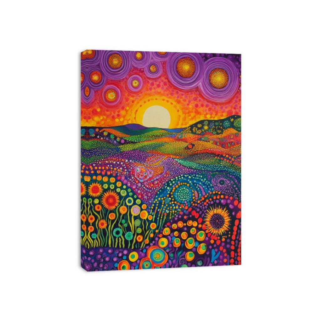 Colorful folk landscape canvas art with sun and flowers for cheerful home decor.